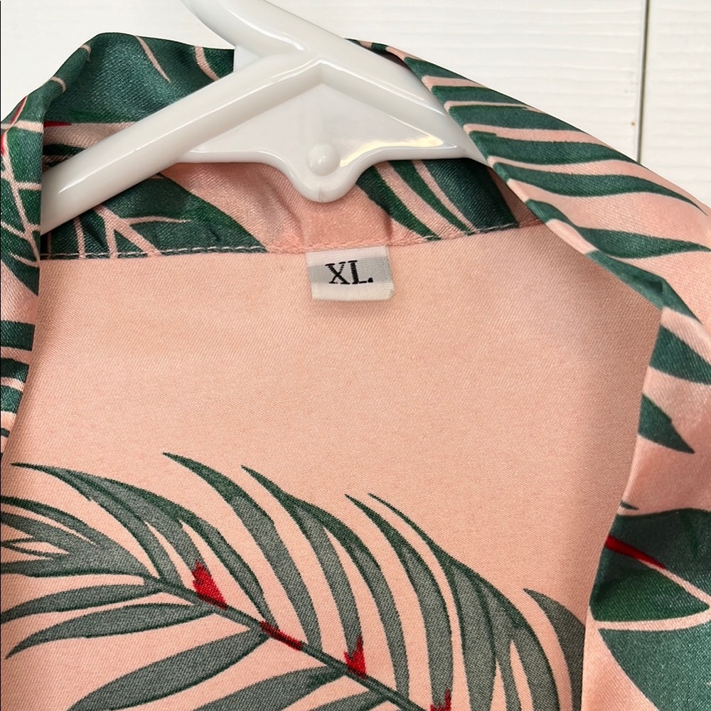 Pink and Green Leaf Print Satin Robe - Picture 2 of 2